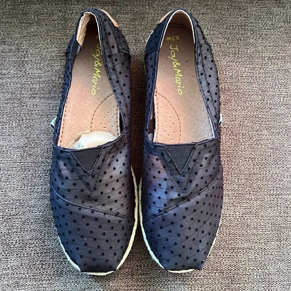New Joy & Mario Polka Dot Mesh Espadrille Size 6.5W in Black